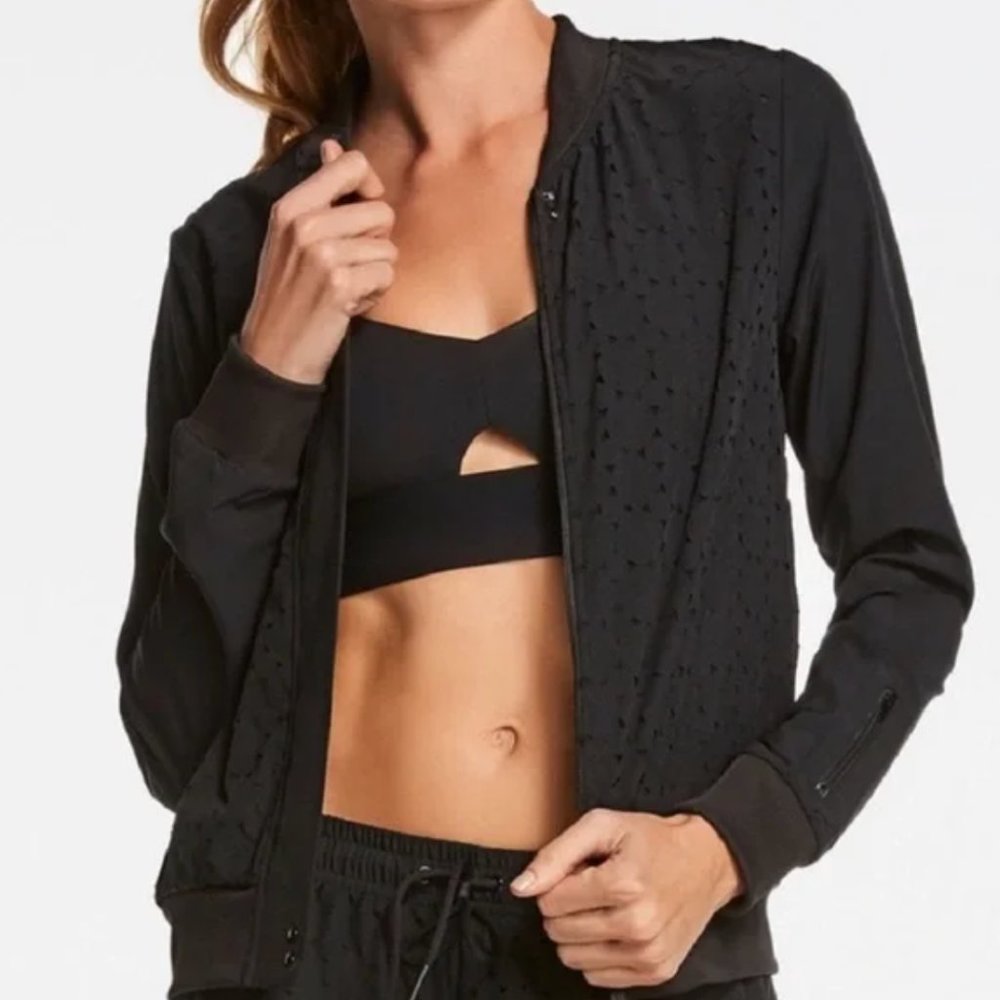 Fabletics Laser Cut Bomber Jacket and Short Set EUC